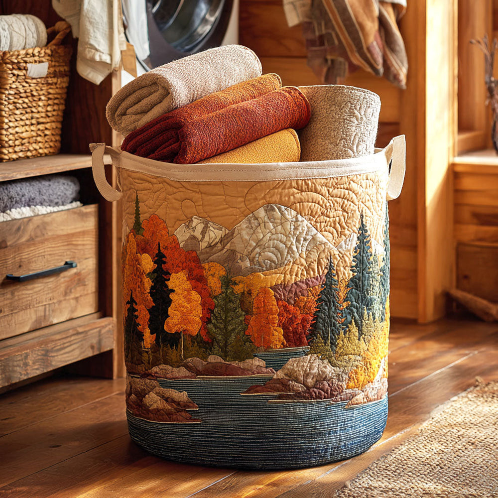 Patrizia hand-quilted laundry basket with autumn trees beside a mountain river, front view