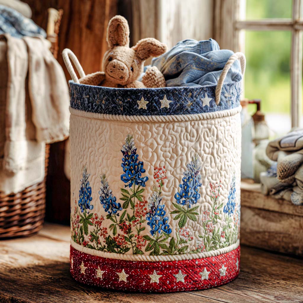 Virginia hand-quilted laundry basket with lupins and a star border, Lupins with Star Border design