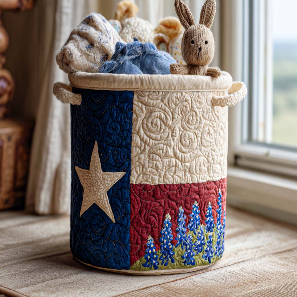 Virginia hand-quilted laundry basket with lupins below a star patchwork panel, Lupin Star Patchwork design