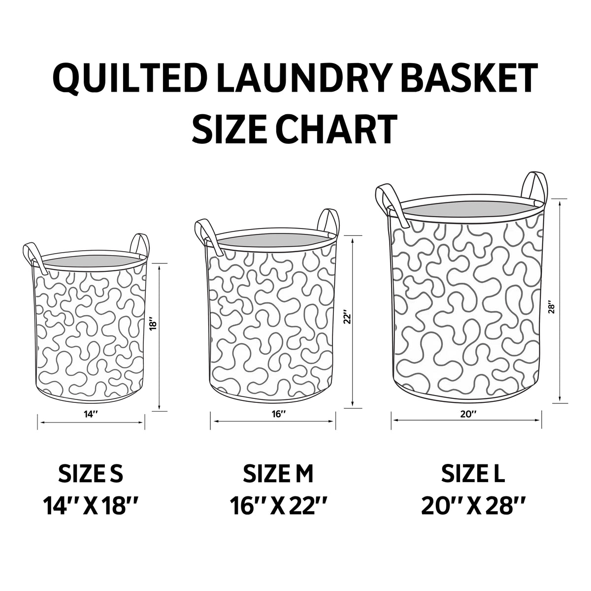 Virginia hand-quilted laundry basket with blue and purple lupins, size chart