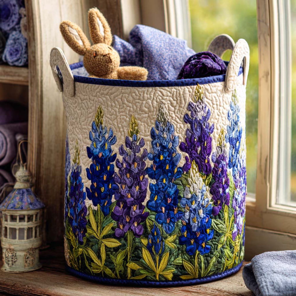 Virginia hand-quilted laundry basket with blue and purple lupins on a cream quilted background, Lupin Meadow design