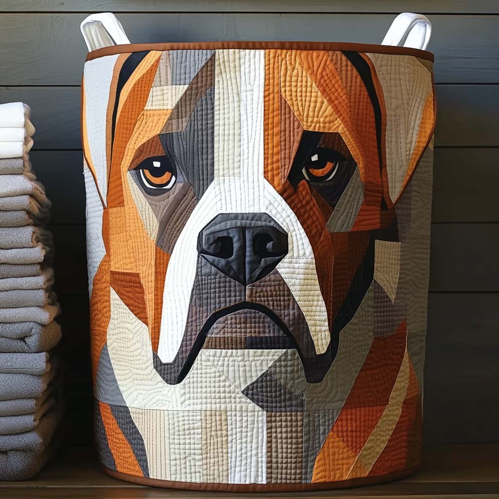 Veronica hand-quilted laundry basket with a geometric patchwork Boxer dog portrait, front view