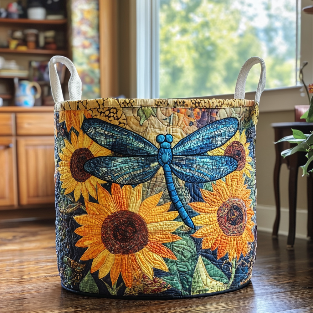 Zelda hand-quilted laundry basket with a blue dragonfly over golden sunflowers, front view