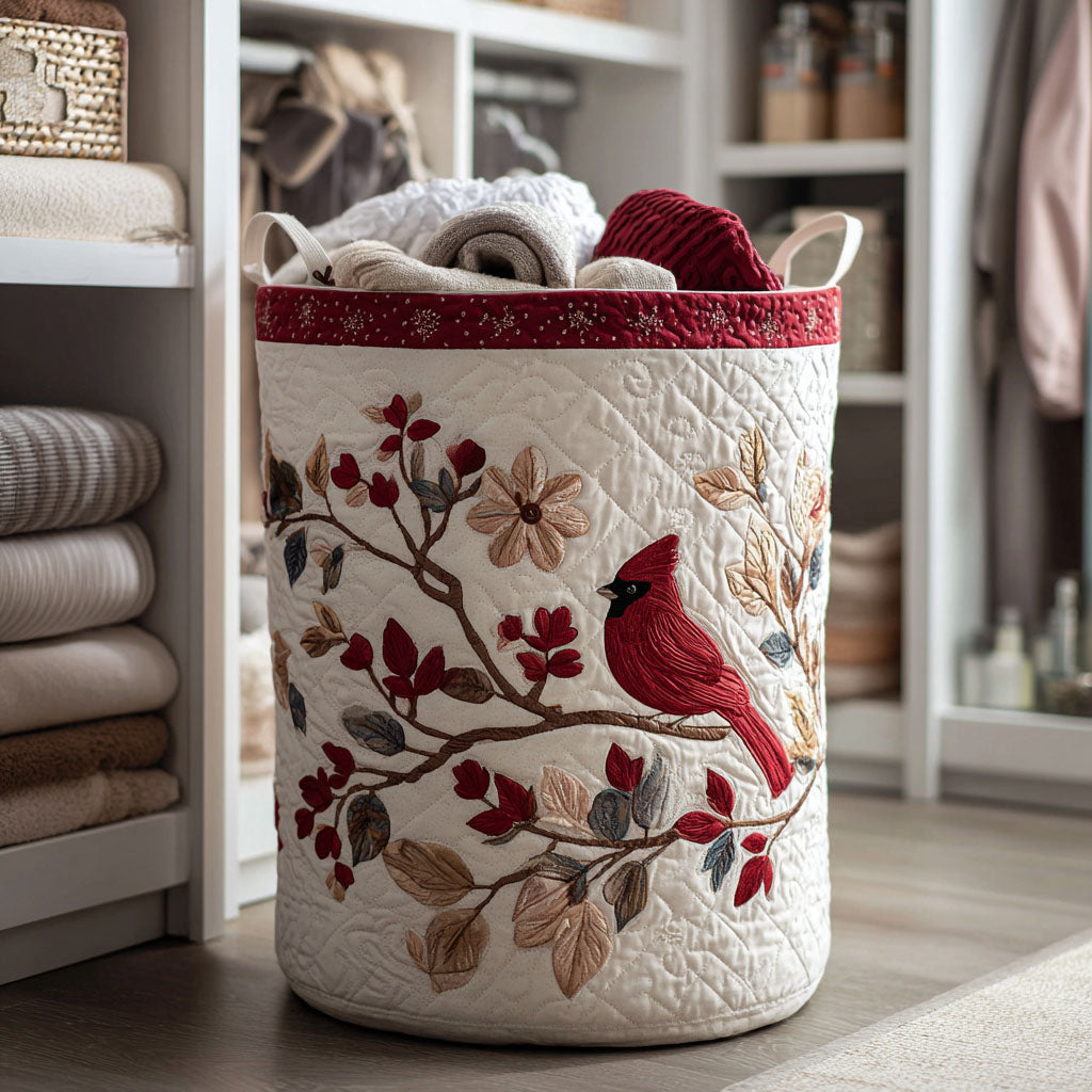 Lucia hand-quilted laundry basket with a red cardinal on a blossoming branch, front view
