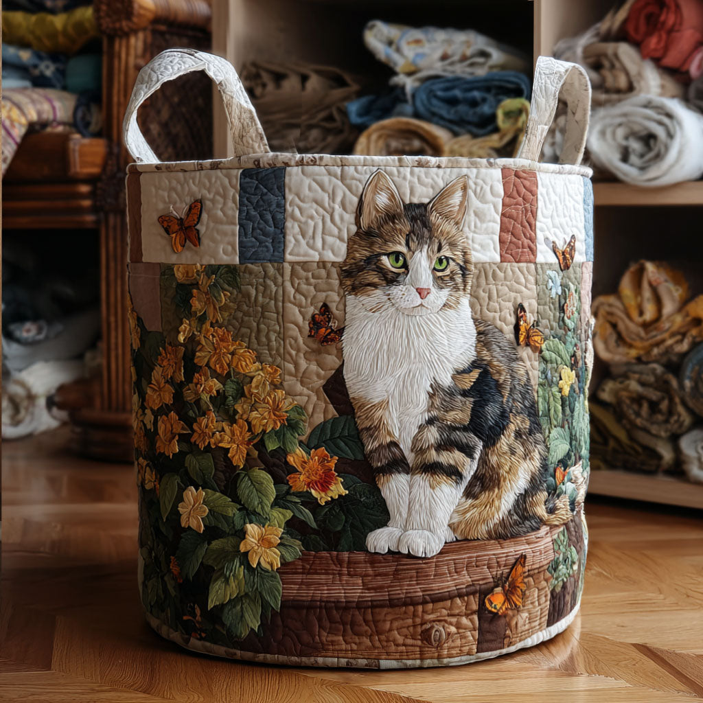 Melania hand-quilted laundry basket with a tabby cat among marigolds on patchwork, front view