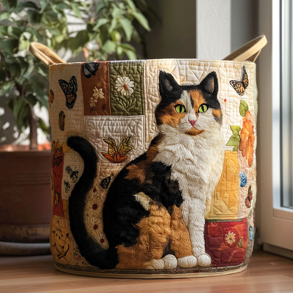 Ugolina hand-quilted laundry basket with a calico cat against patchwork blocks with butterflies and flowers, front view