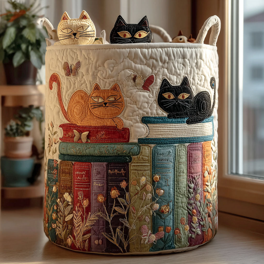 Tosca hand-quilted laundry basket with ginger and black cats lounging on colourful stacked books, front view