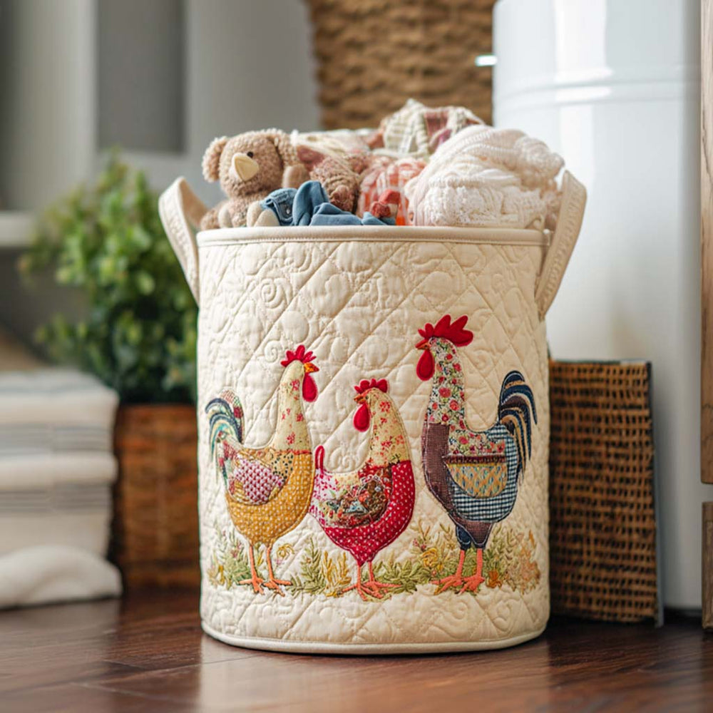 Manuela hand-quilted laundry basket with three patchwork hens, front view