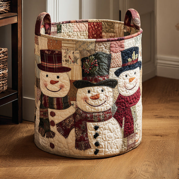 Violetta hand-quilted laundry basket with three smiling snowmen in top hats and scarves with a patchwork rim, front view