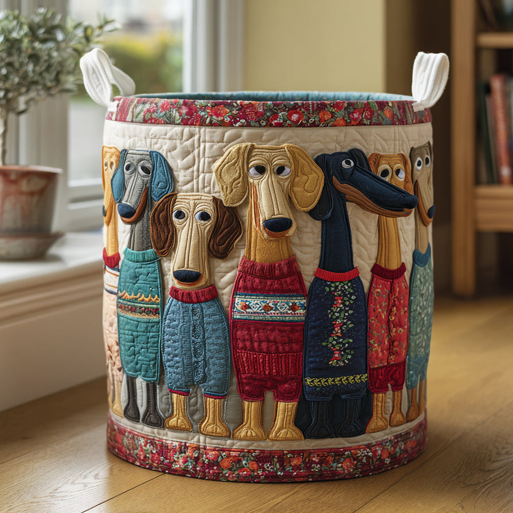 Olga hand-quilted laundry basket with dachshunds in knitted jumpers, front view
