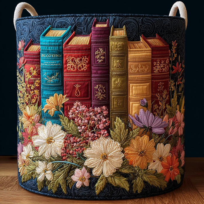 Martina hand-quilted laundry basket with book spines and wildflowers, front view