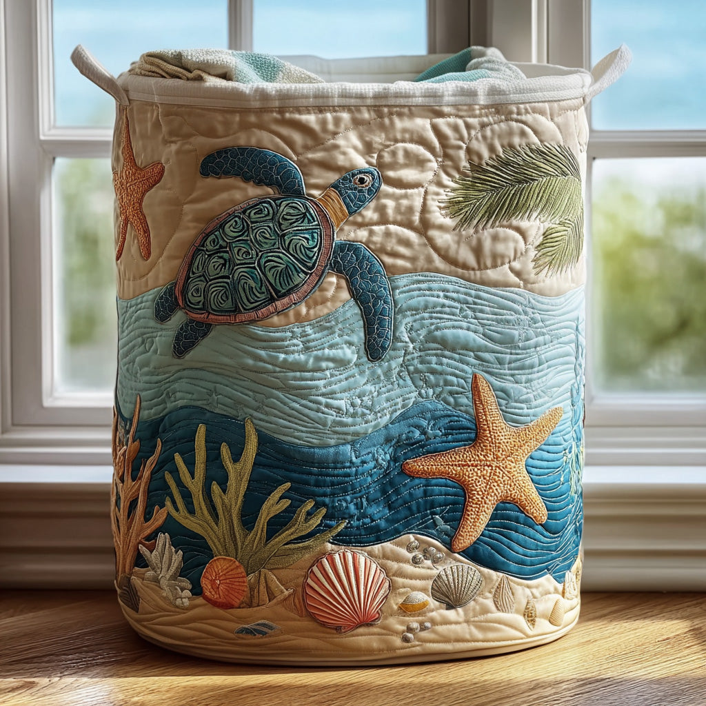 Ottavia hand-quilted laundry basket with a sea turtle, starfish and shells, front view