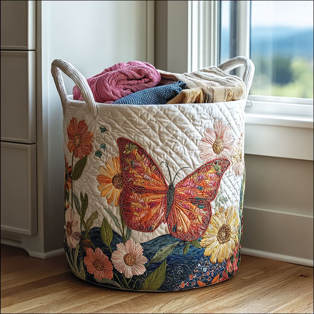 Linda hand-quilted laundry basket with an orange butterfly among colourful garden flowers, front view