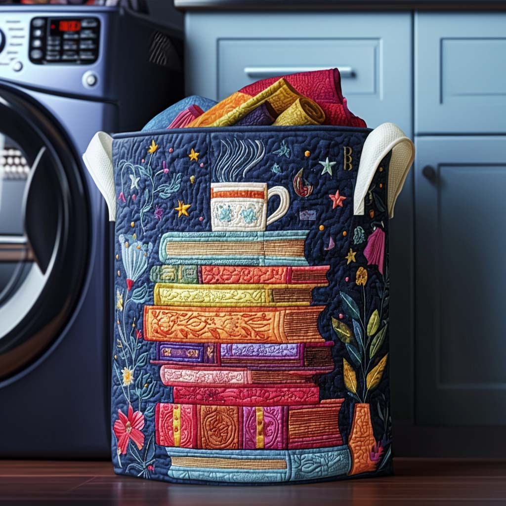 Ludovica hand-quilted laundry basket with a colourful stack of books and a teacup, front view