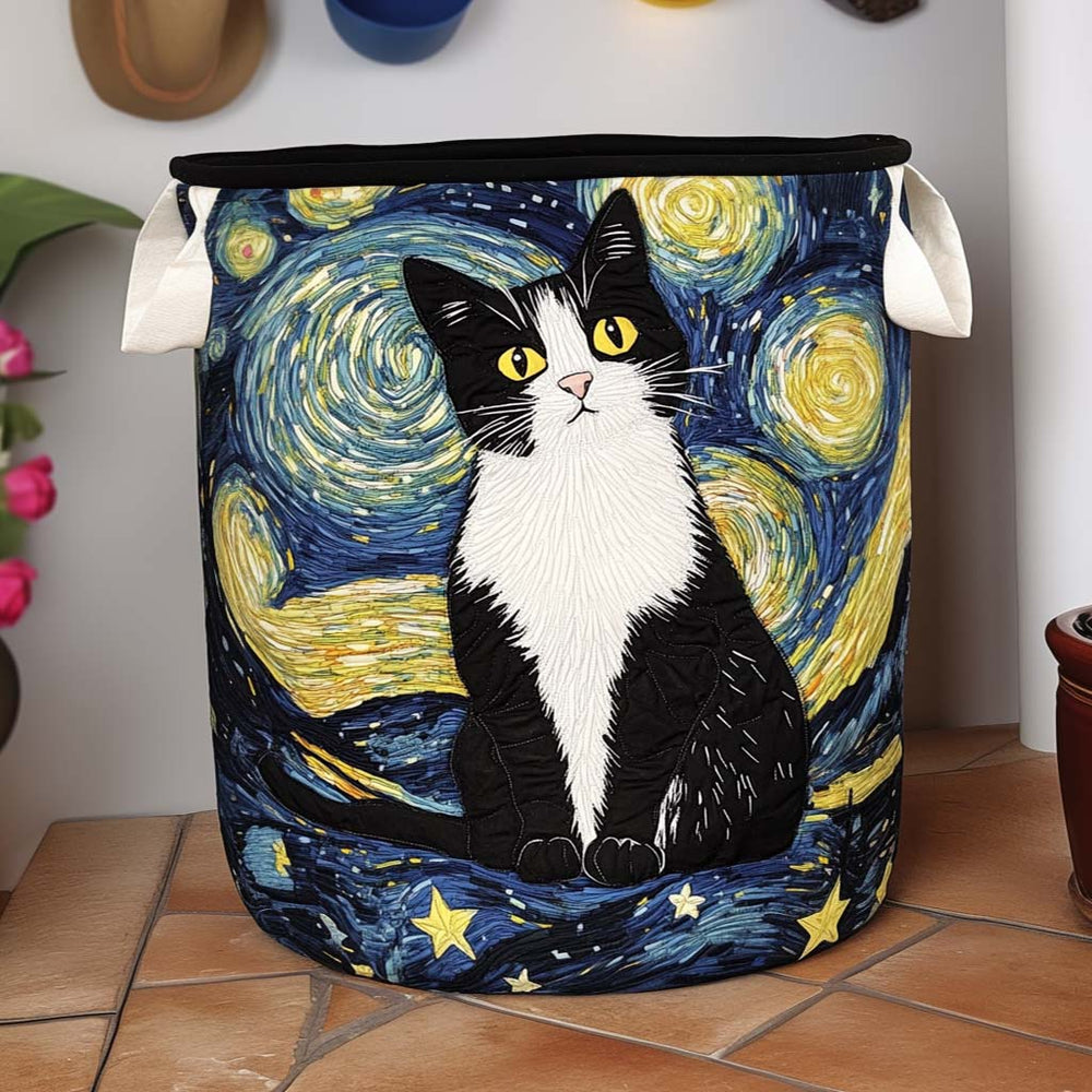 Ornella hand-quilted laundry basket with a tuxedo cat under a swirling starry sky, front view