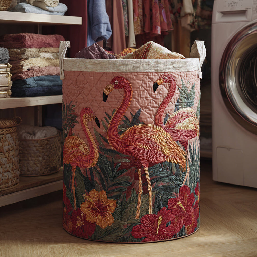 Luciana hand-quilted laundry basket with flamingos among red hibiscus flowers, front view