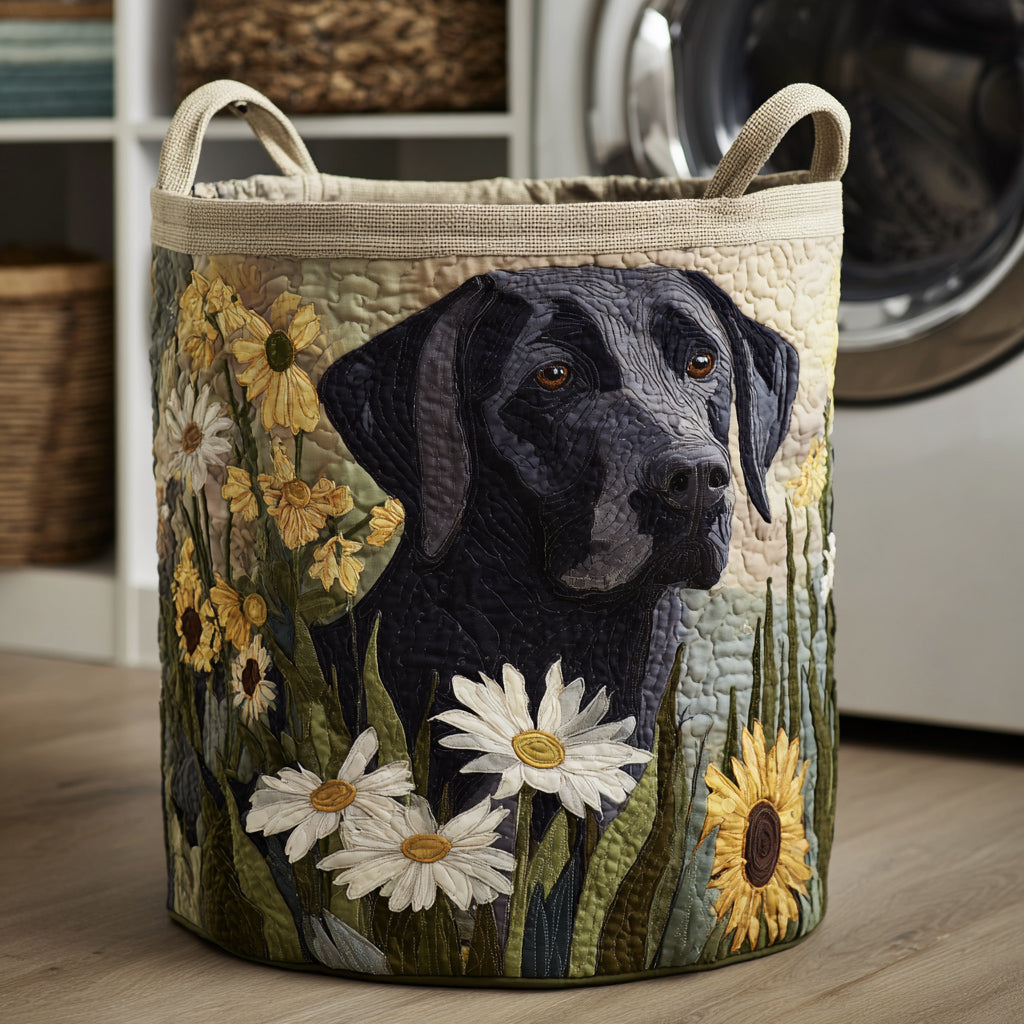 Sofia hand-quilted laundry basket with a black Labrador among daisies and sunflowers, front view in a laundry room
