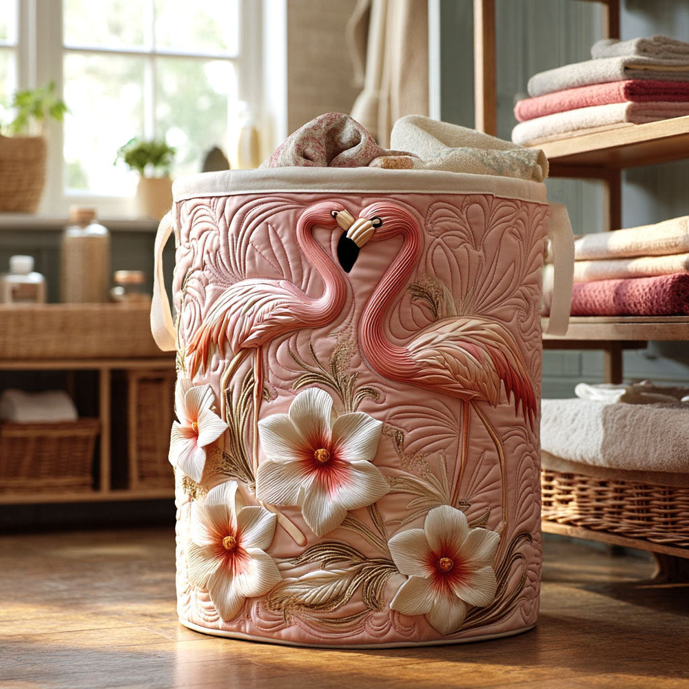 Loretta hand-quilted laundry basket with pink flamingos and white tropical flowers, front view