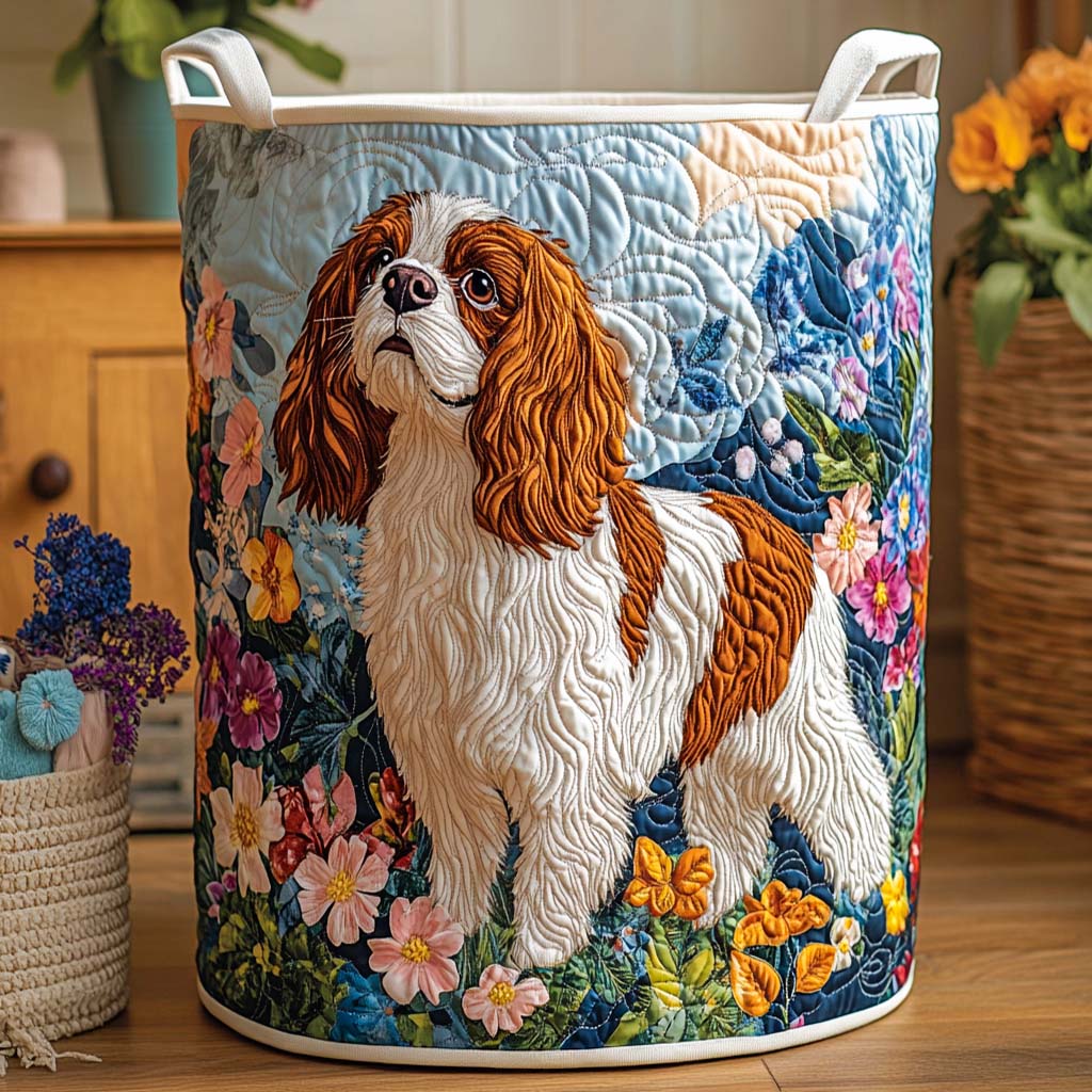 Natalia hand-quilted laundry basket with a Cavalier King Charles spaniel among flowers, front view