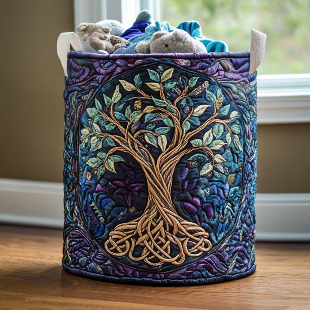 Nina hand-quilted laundry basket with a tree of life in purple and blue, front view