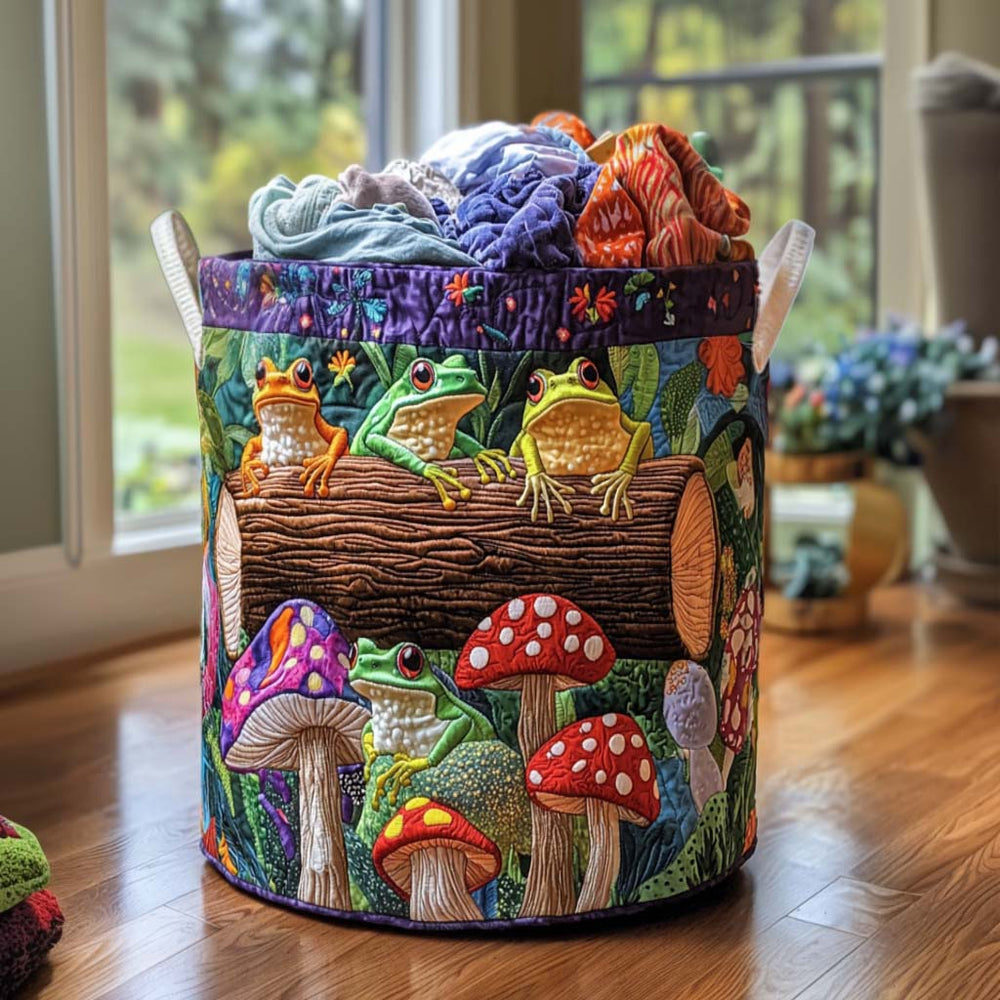 Rosa hand-quilted laundry basket with a frog family on a log above toadstools, front view by a window
