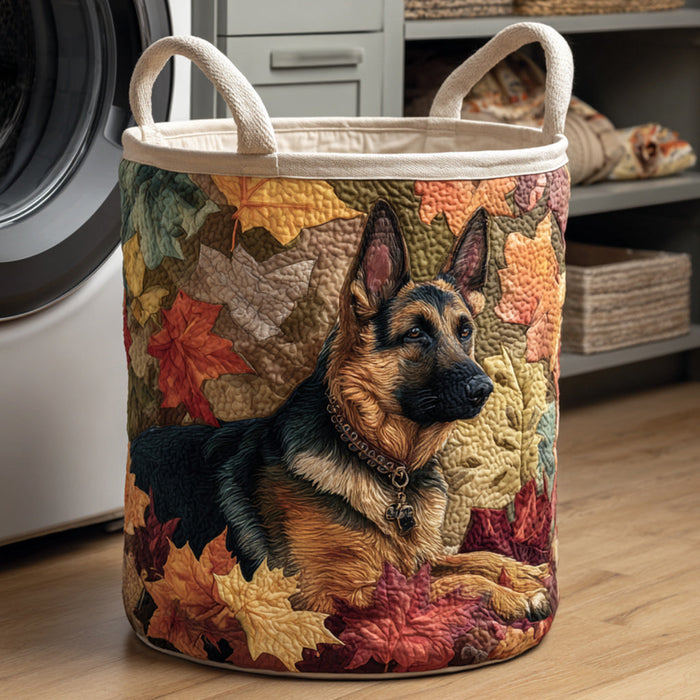 Romana hand-quilted laundry basket with a German Shepherd among autumn maple leaves, front view in a laundry room