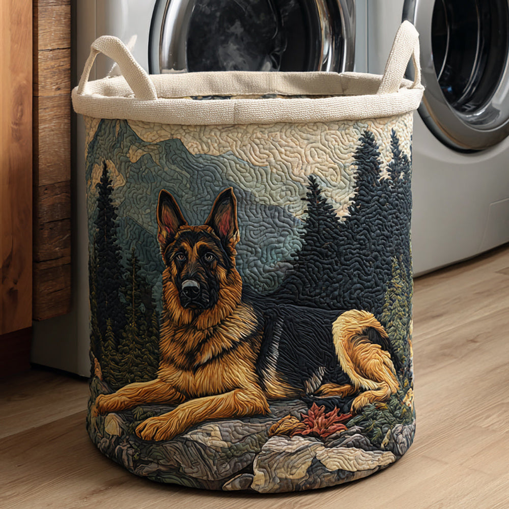 Roberta hand-quilted laundry basket with a German Shepherd resting in a pine forest, front view in a laundry room