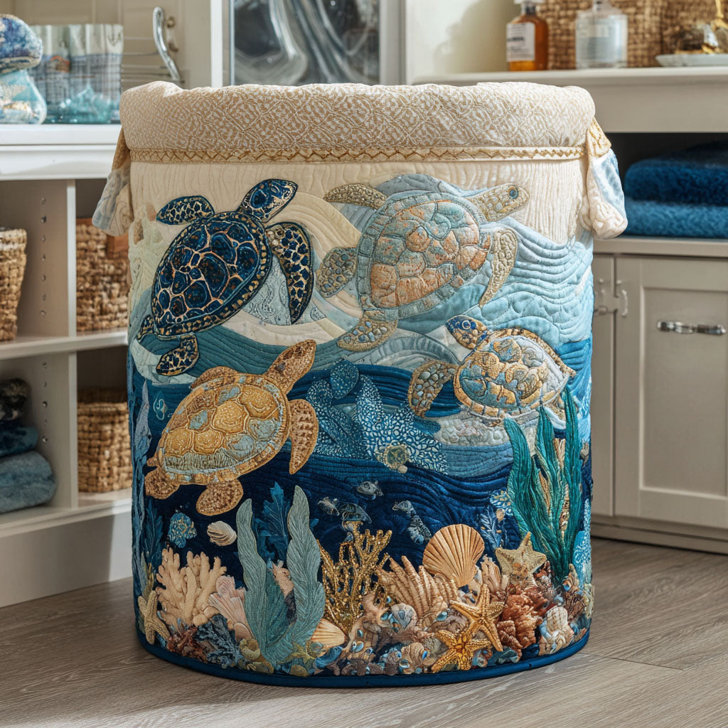Regina hand-quilted laundry basket with sea turtles above coral and shells, front view in a utility room