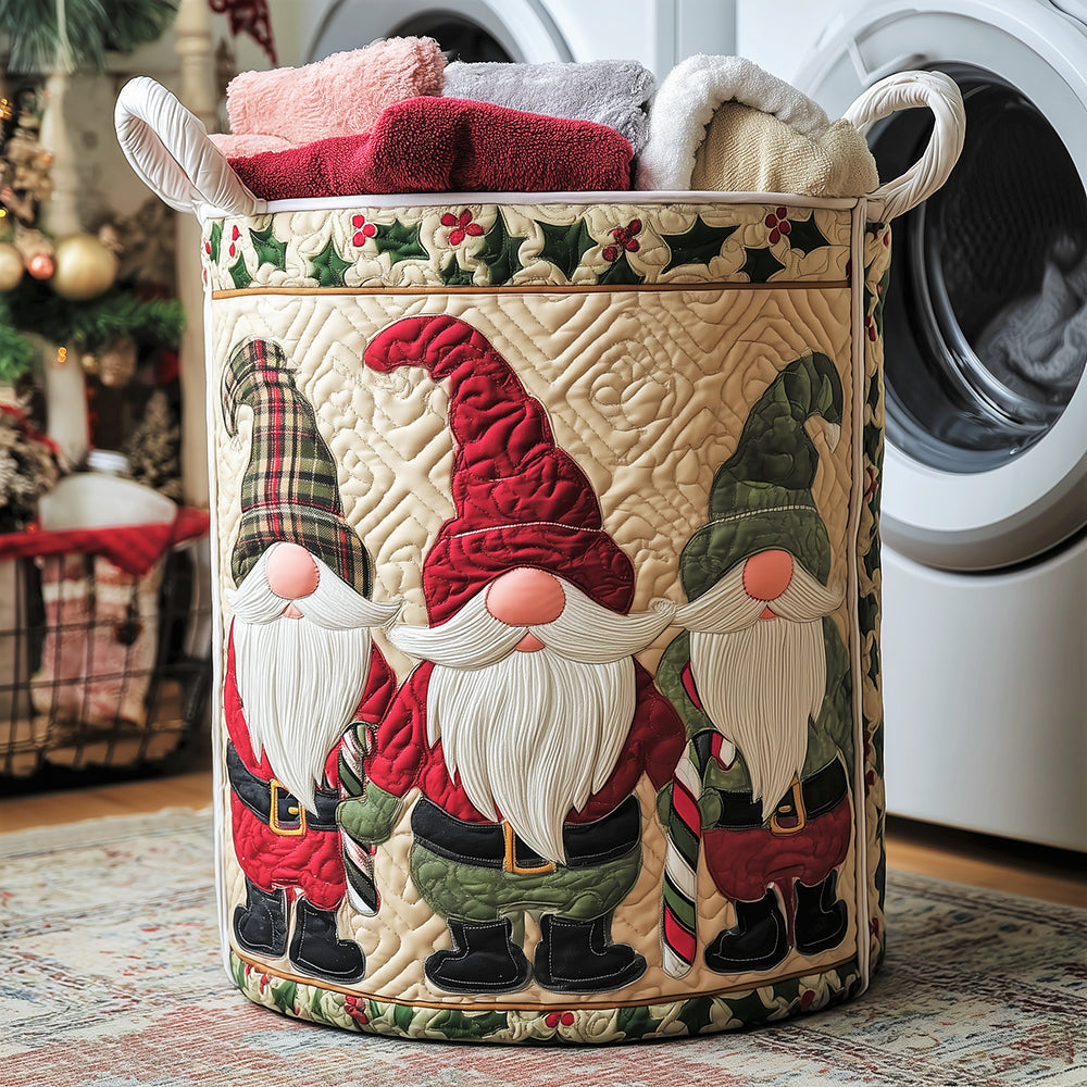 Perla hand-quilted laundry basket with three Christmas gnomes and a holly border, front view in a laundry room