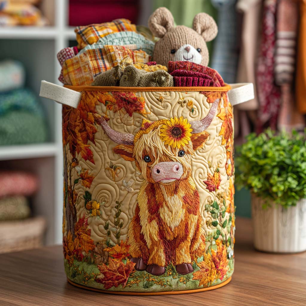 Alberta hand-quilted laundry basket with a Highland calf with a sunflower among autumn leaves, front view