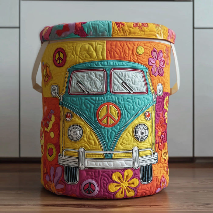 Nicoletta hand-quilted laundry basket with a retro camper van and peace signs, front view
