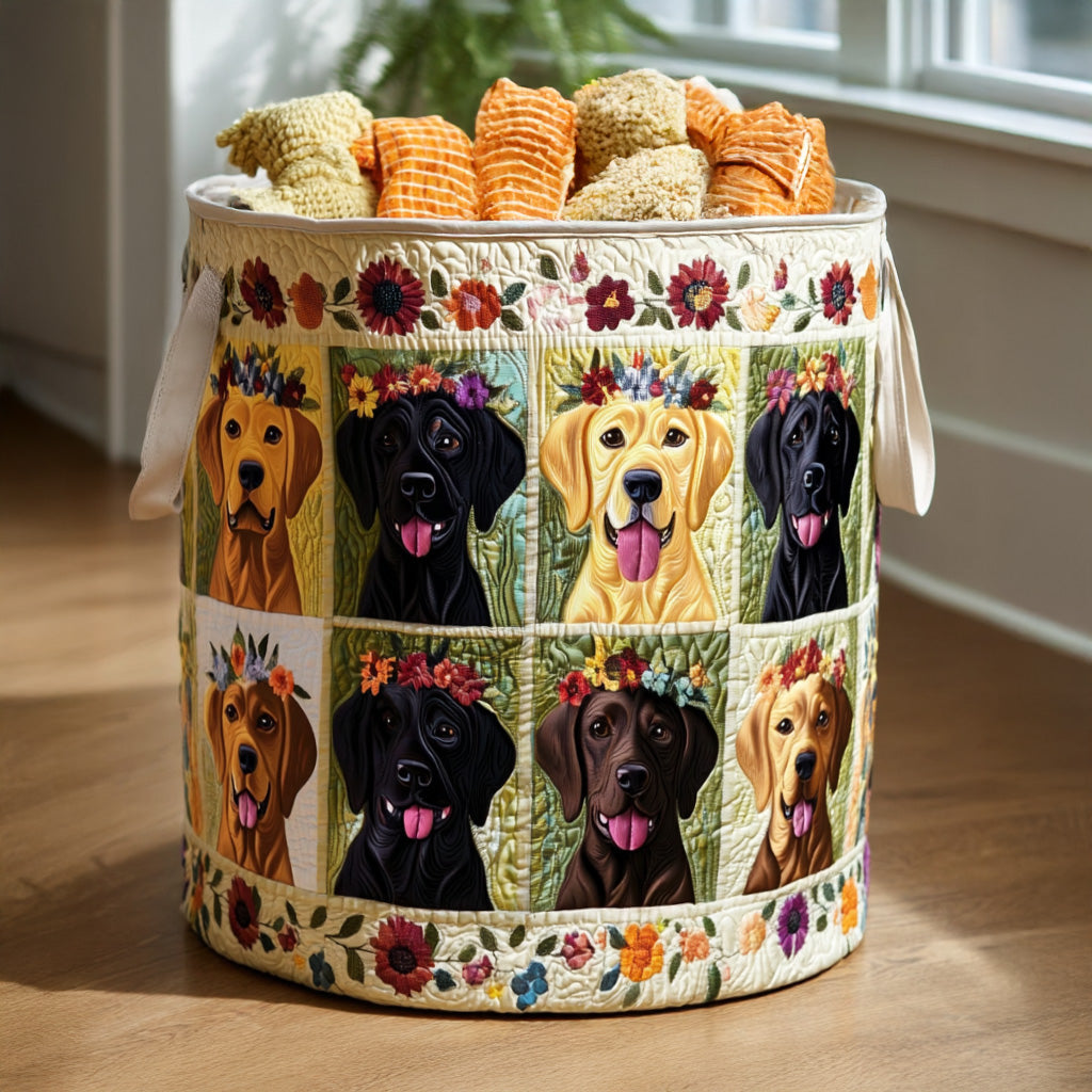 Piera hand-quilted laundry basket with golden, black and chocolate Labradors in flower crowns, front view in a laundry room
