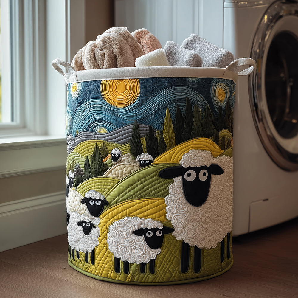 Maddalena hand-quilted laundry basket with fluffy sheep on rolling hills under a starry sky, front view