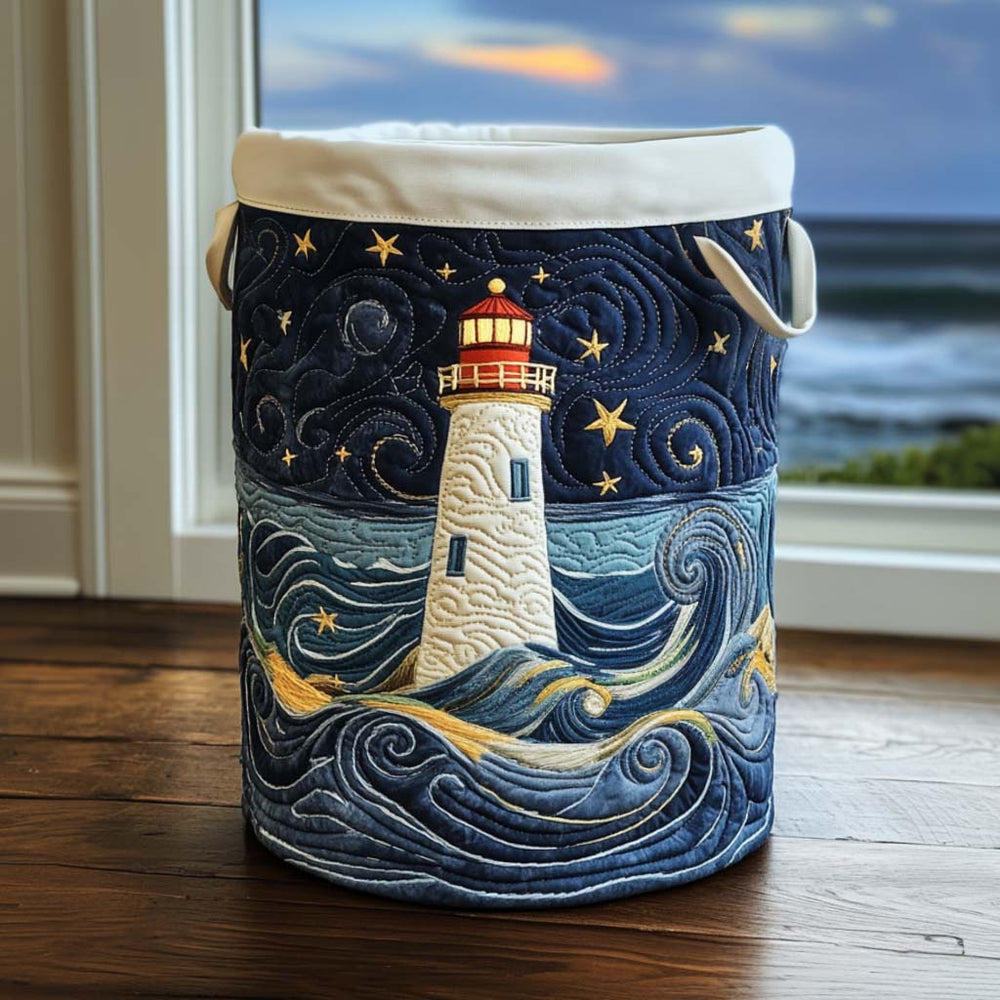 Marta hand-quilted laundry basket with a lighthouse on a swirling night sea, front view