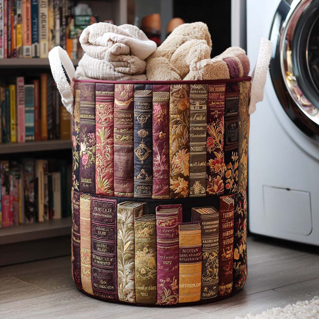 Milena hand-quilted laundry basket with rows of vintage book spines, front view