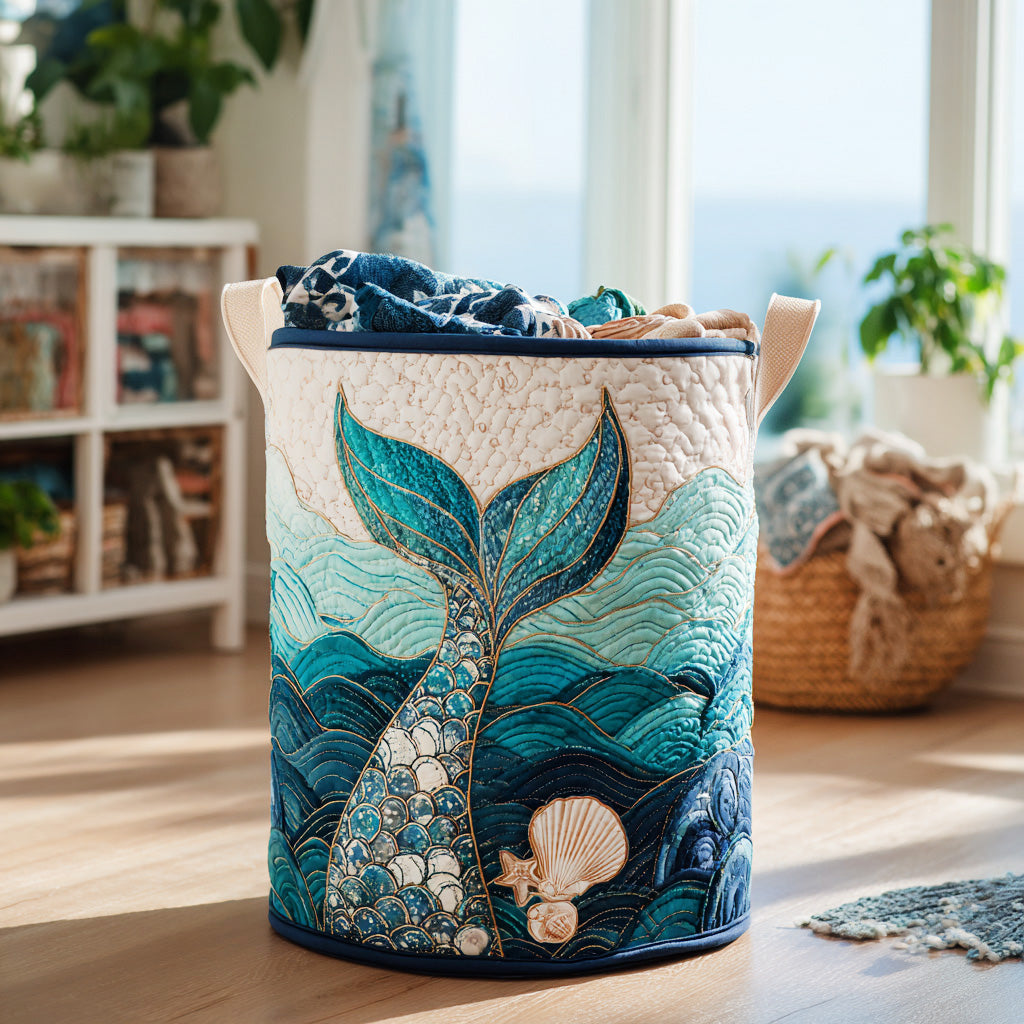 Rina hand-quilted laundry basket with a teal mermaid tail rising from the waves, front view by a window