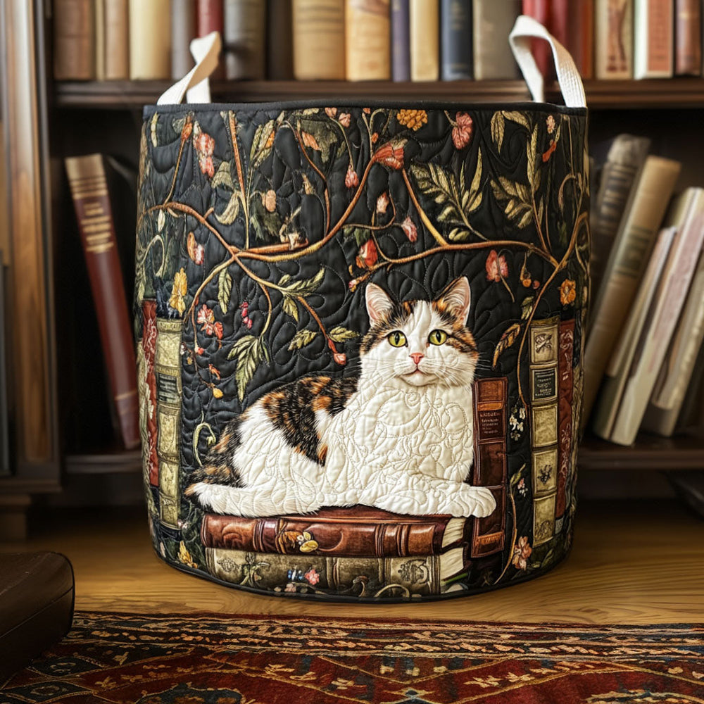 Tamara hand-quilted laundry basket with a calico cat resting on old books among dark floral vines, front view