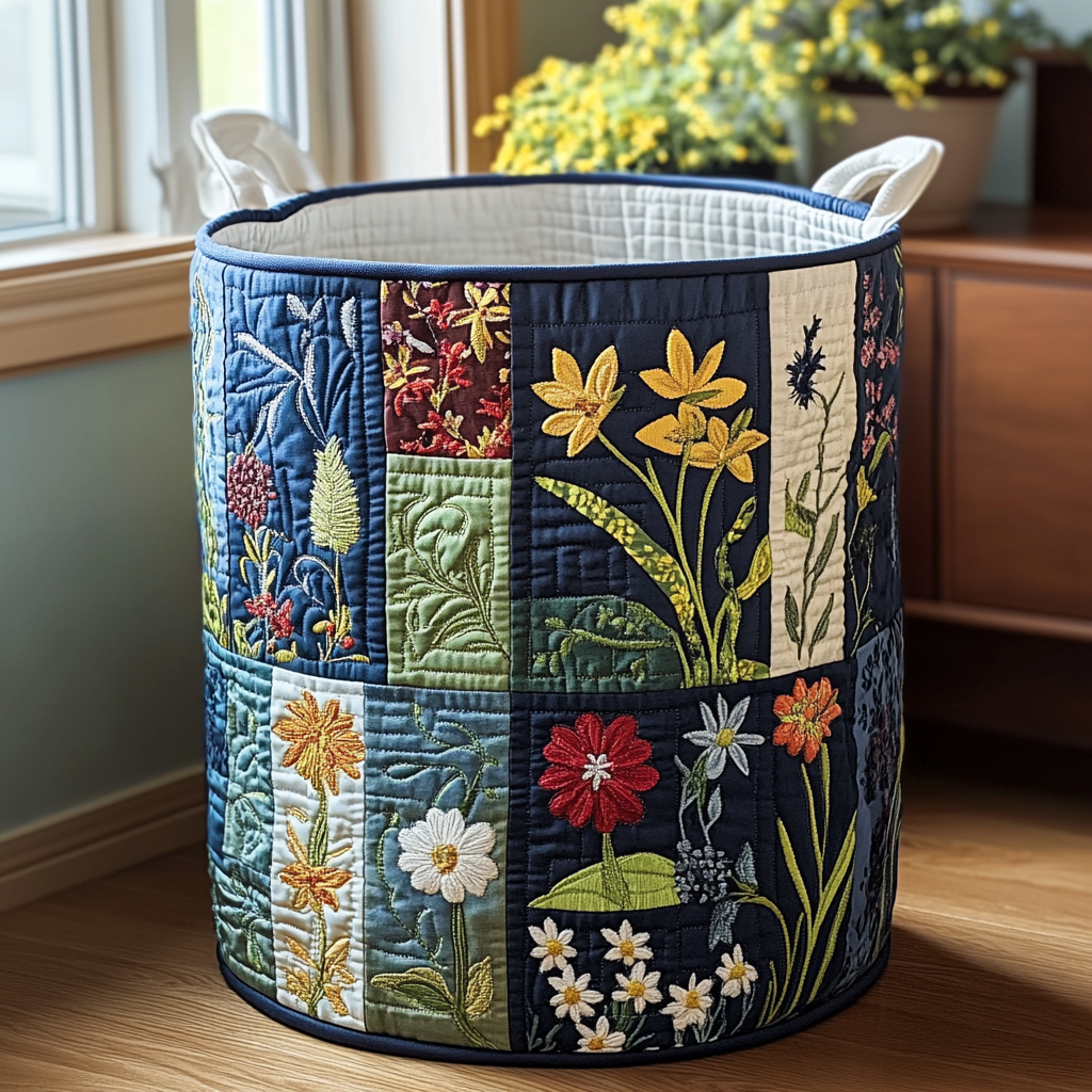 Michela hand-quilted laundry basket with navy patchwork squares and wildflowers, front view