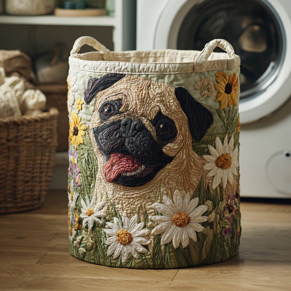 Norma hand-quilted laundry basket with a pug among daisies and sunflowers, front view