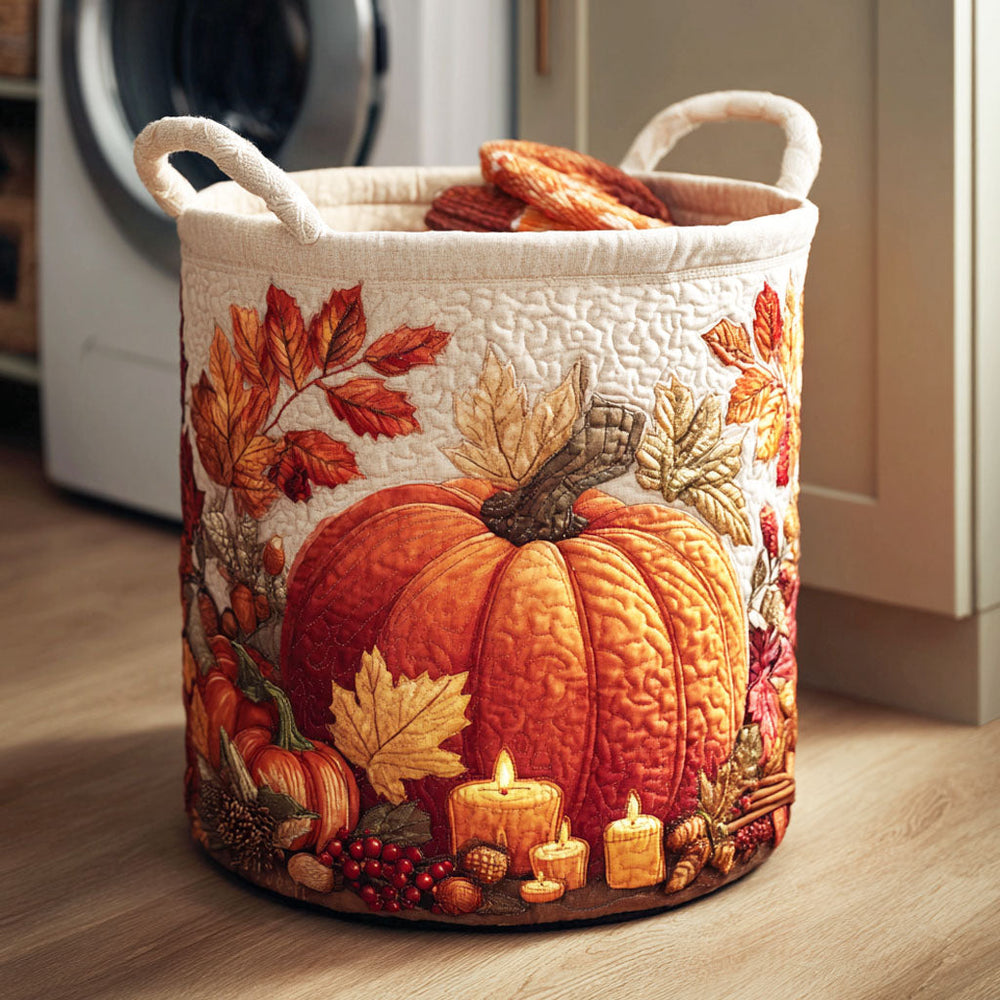 Vera hand-quilted laundry basket with an orange pumpkin with autumn leaves and glowing candles, front view