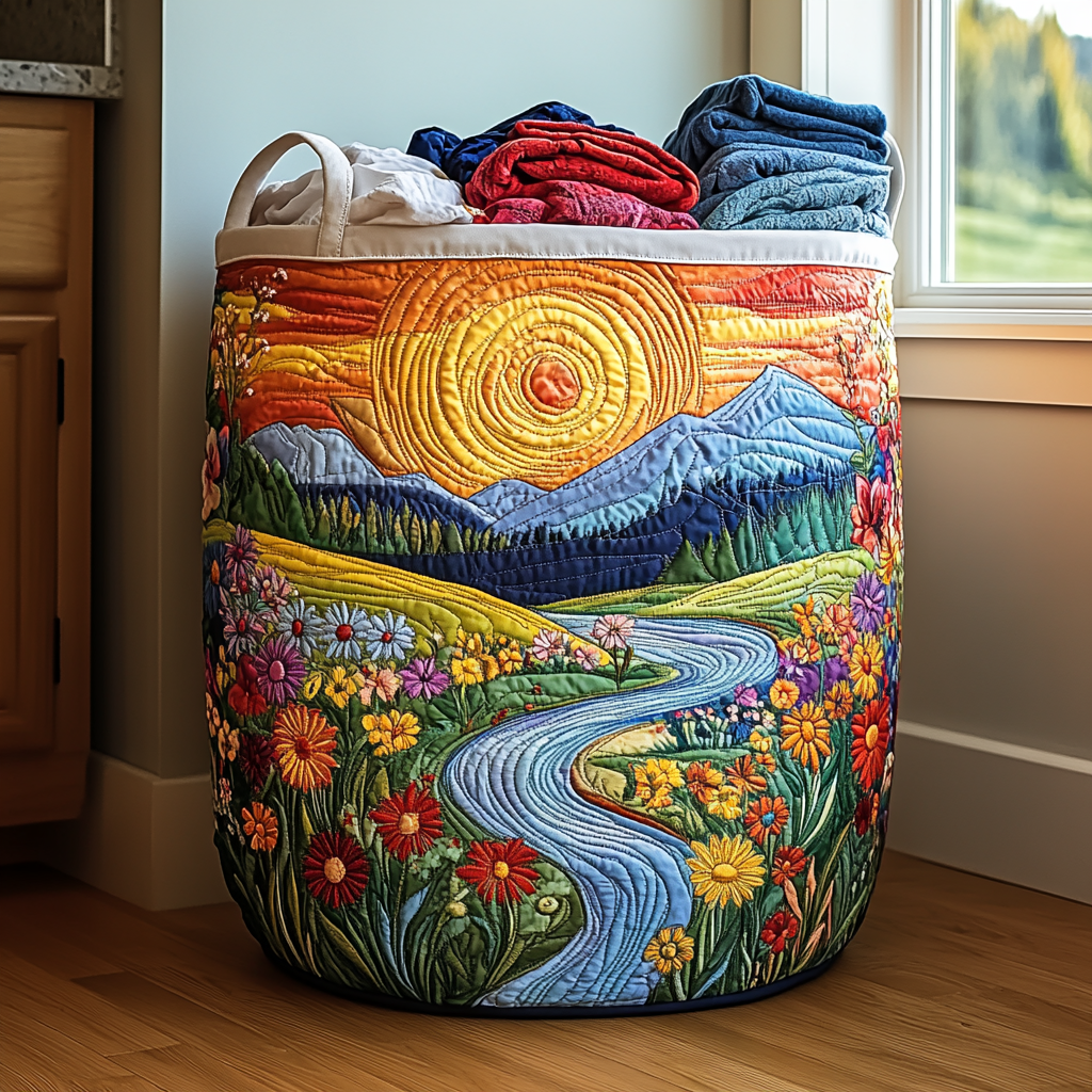 Tina hand-quilted laundry basket with a winding river through a wildflower meadow under a golden sun, front view
