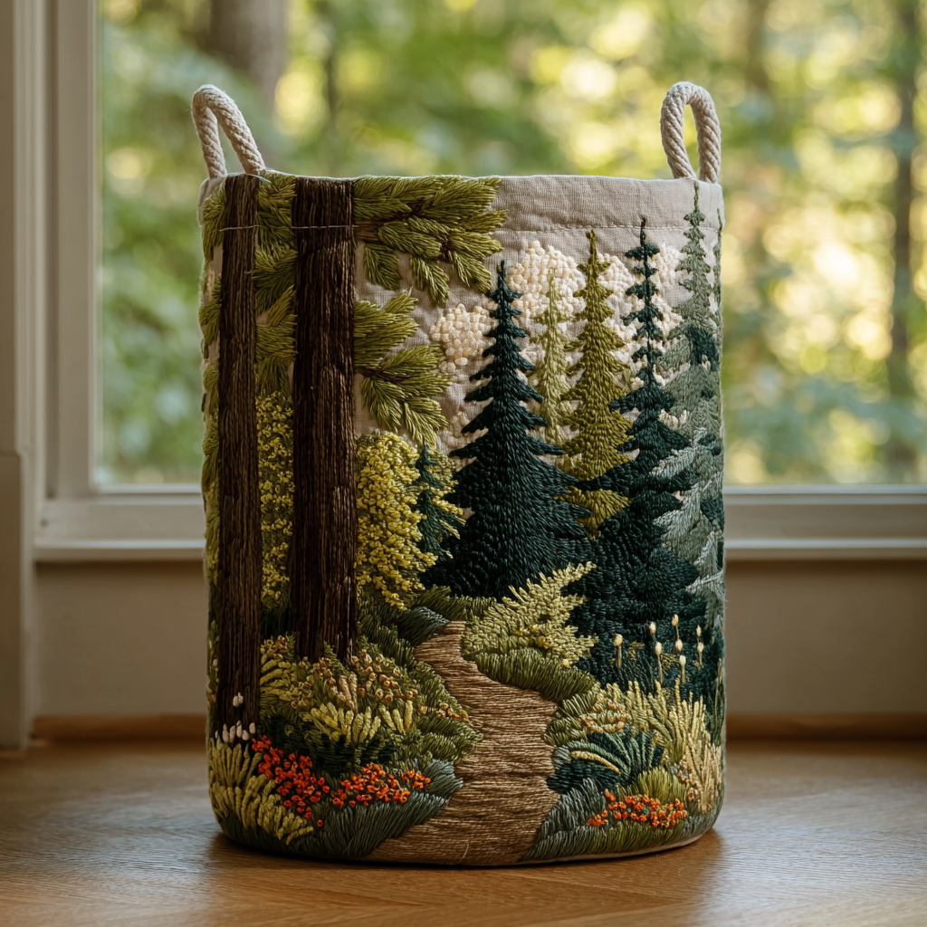 Olimpia hand-quilted laundry basket with a forest path through tall pines, front view