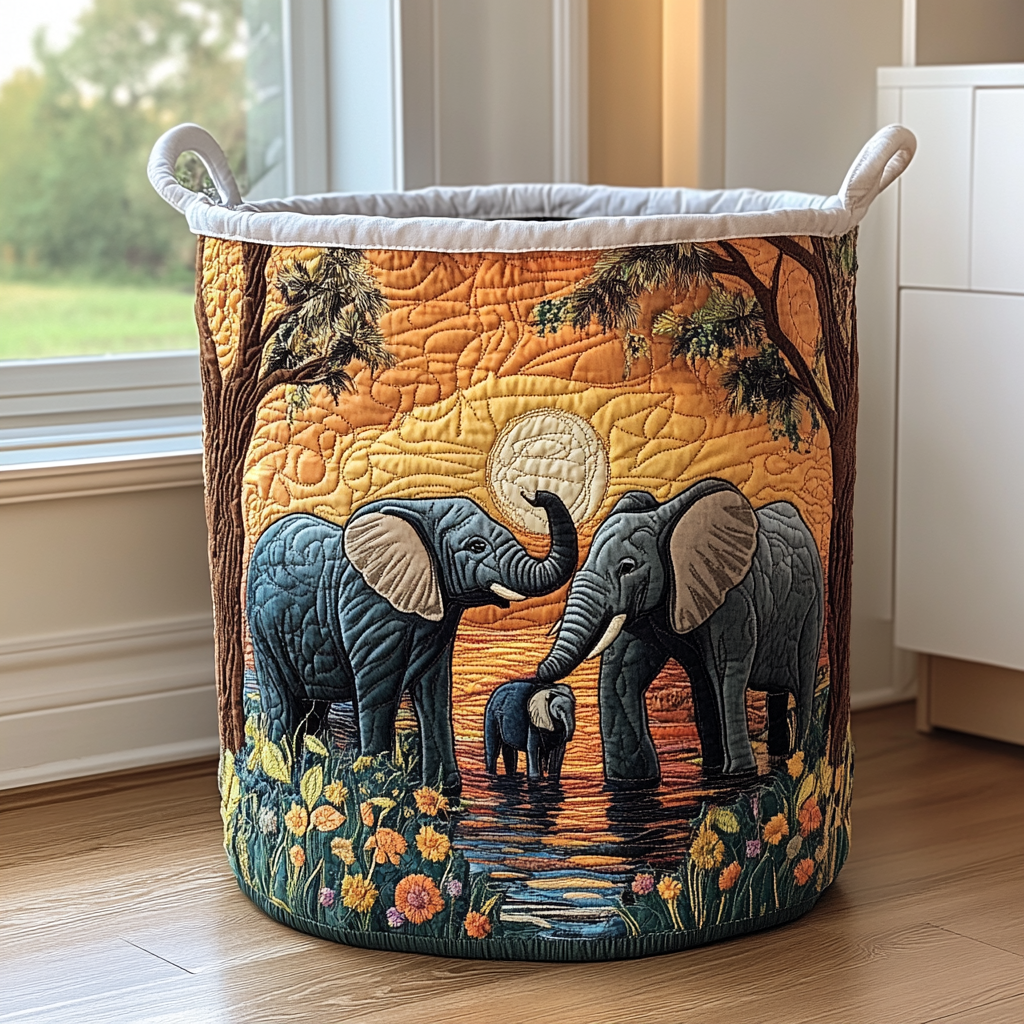 Mina hand-quilted laundry basket with an elephant family at sunset, front view