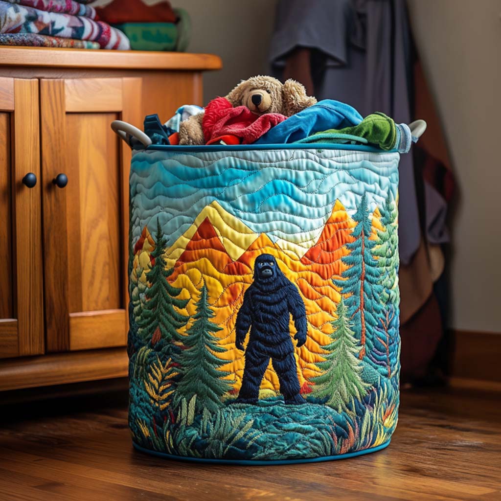 Rita hand-quilted laundry basket with a Sasquatch among pine trees and golden mountains, front view in a bedroom