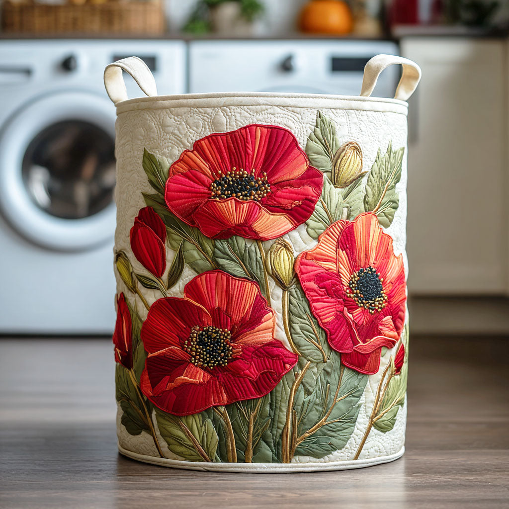 Vanna hand-quilted laundry basket with large red poppies on a cream background, front view