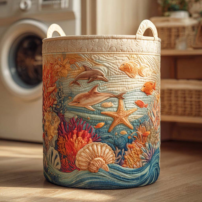 Lisetta hand-quilted laundry basket with dolphins, starfish and coral in a sea scene, front view