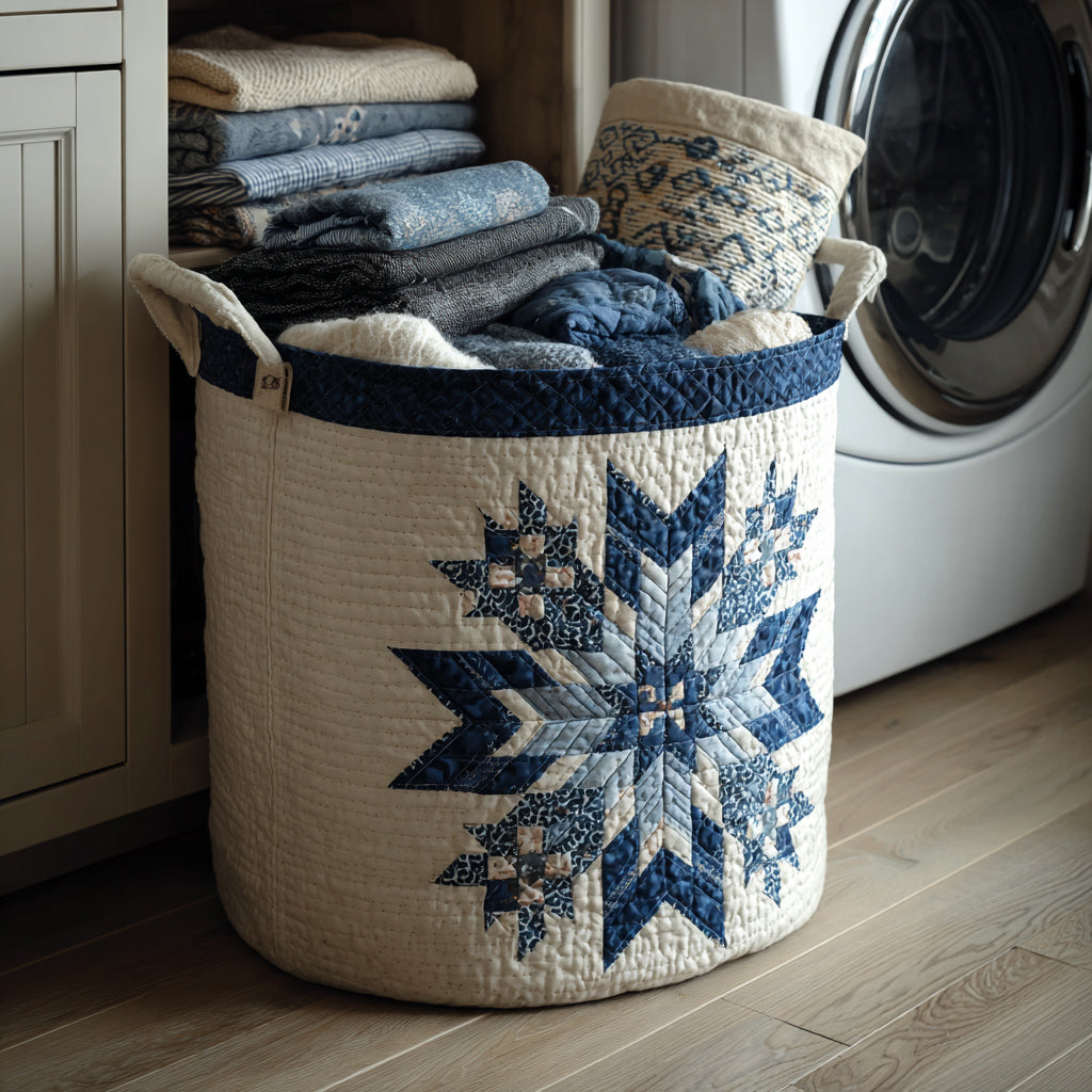 Lorena hand-quilted laundry basket with a navy quilt star snowflake medallion, front view
