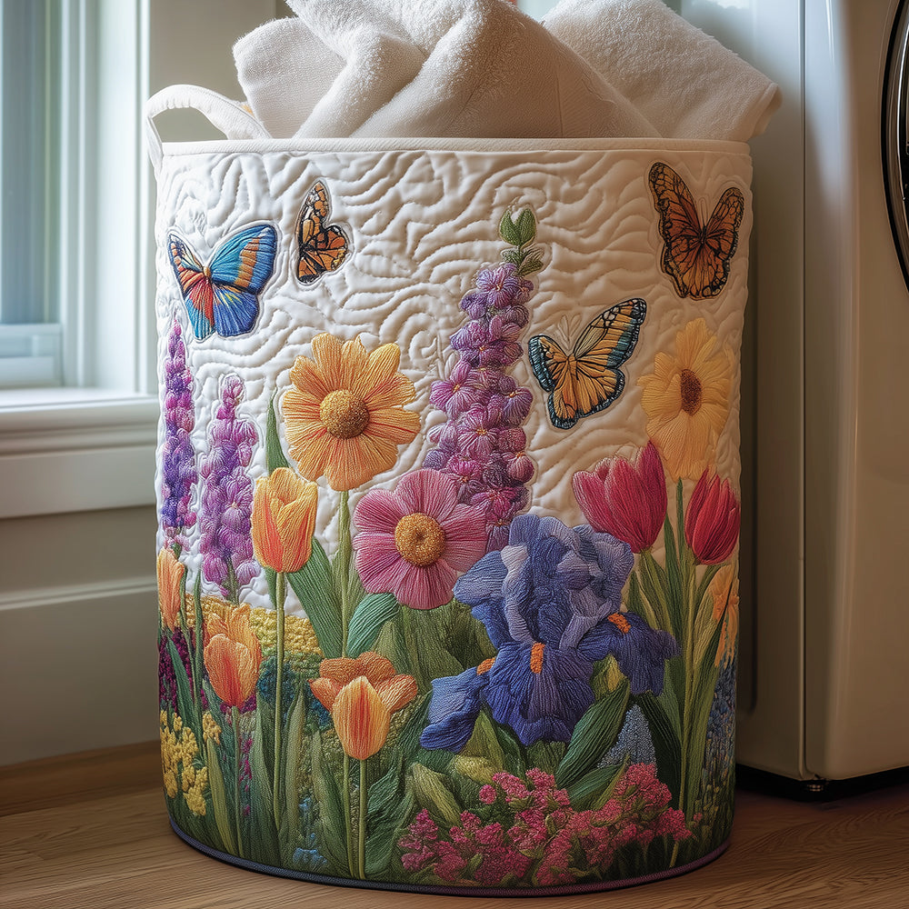 Monica hand-quilted laundry basket with tulips, irises and butterflies, front view
