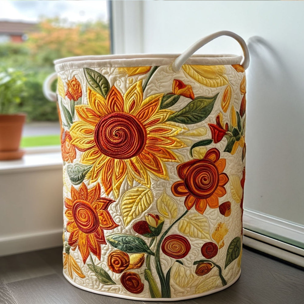 Marcella hand-quilted laundry basket with orange sunflowers and red swirl blooms, front view