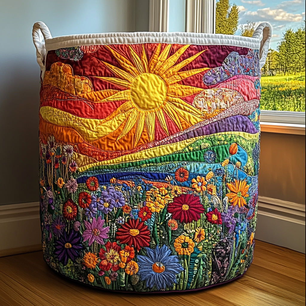 Rossana hand-quilted laundry basket with a golden sun over rainbow hills and wildflowers, front view by a window